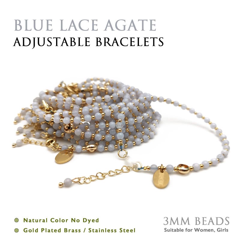 Morchic 3mm Blue Lace Agate Tiny Beads Bracelet for Women, Adjustable 7.1" Dainty Handmade Energy Gem Jewelry, Birthday Gift - Image 3